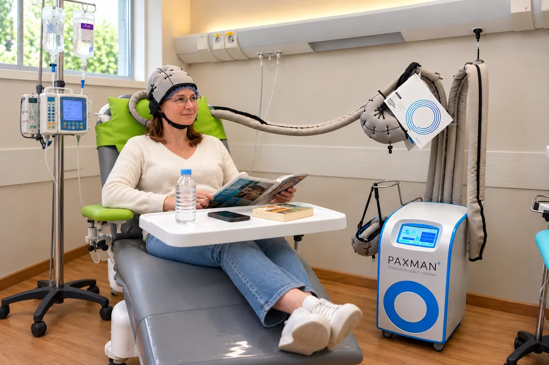 Patiente portant le casque réfrigérant Paxman